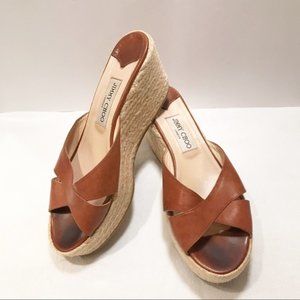 JIMMY CHOO brown leather wedge espadrille sandals